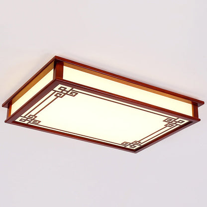 伝統的な中国風長方形正方形模様の木製PVC LEDフラッシュマウントシーリングライト（リビングルーム用）