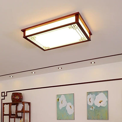 伝統的な中国風長方形正方形模様の木製PVC LEDフラッシュマウントシーリングライト（リビングルーム用）