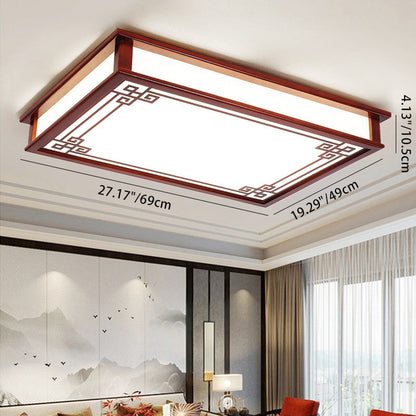 伝統的な中国風長方形正方形模様の木製PVC LEDフラッシュマウントシーリングライト（リビングルーム用）