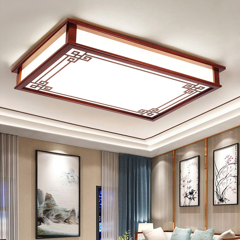 伝統的な中国風長方形正方形模様の木製PVC LEDフラッシュマウントシーリングライト（リビングルーム用）