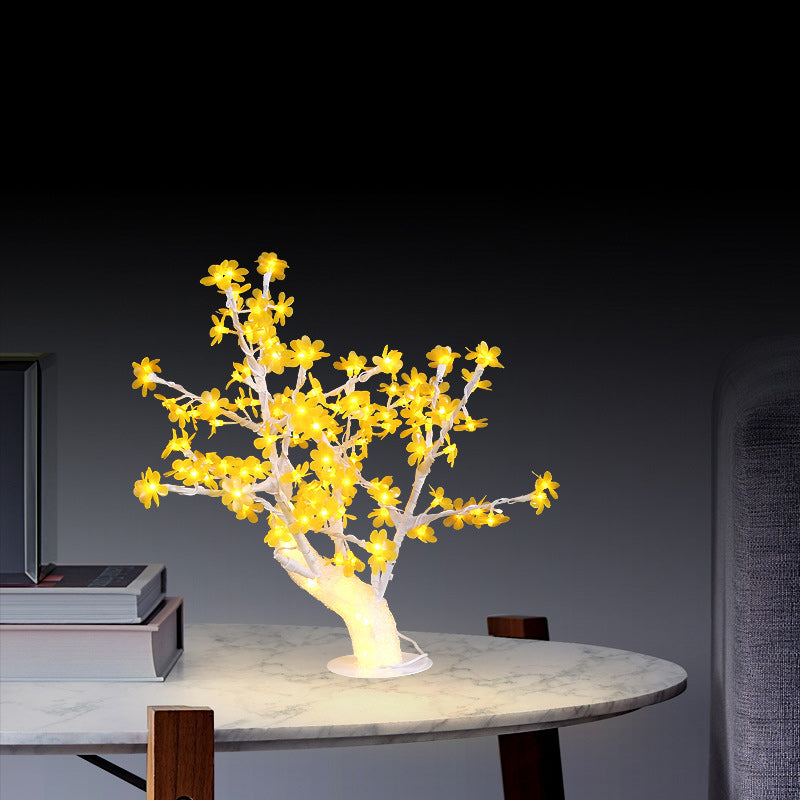 Contemporary Creative Simulation Tree Flower Petal Round Base Iron Plastic LED Table Lamp For Bedroom