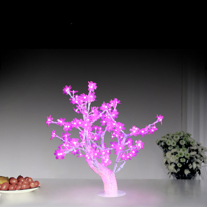 Contemporary Creative Simulation Tree Flower Petal Round Base Iron Plastic LED Table Lamp For Bedroom