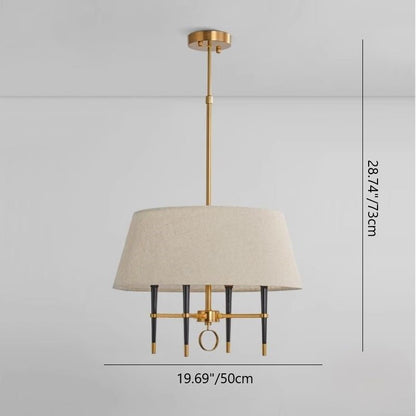 Traditional Chinese Round Table Cylinder Staggered Circle Copper Plated Full Brass Fabric 4-Light Pendant Light For Living Room