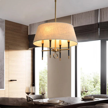 Traditional Chinese Round Table Cylinder Staggered Circle Copper Plated Full Brass Fabric 4-Light Pendant Light For Living Room