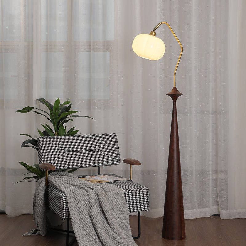 Traditional Vintage Round Table Bent Long Tube Pumpkin Pepper Pear Wooden Iron Glass 1-Light Standing Floor Lamp For Bedroom