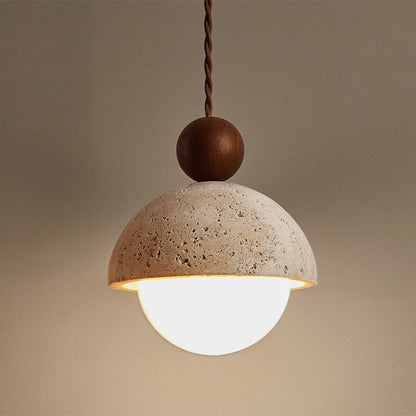 Contemporary Scandinavian Half Round Sphere Wood Travertine Glass 1-Light Pendant Light For Bedroom