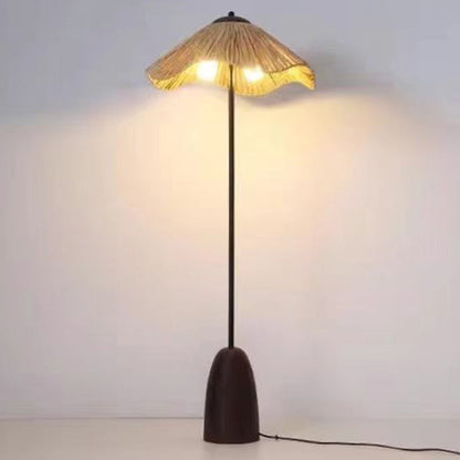 Traditional Vintage Umbrella Cylinder Iron Straw 2-Light Standing Floor Lamp For Living Room
