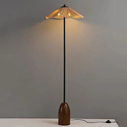 Traditional Vintage Umbrella Cylinder Iron Straw 2-Light Standing Floor Lamp For Living Room