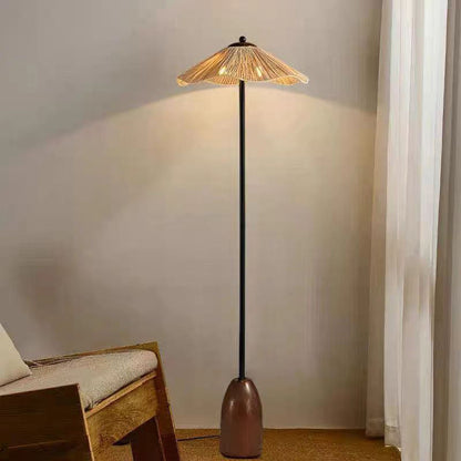 Traditional Vintage Umbrella Cylinder Iron Straw 2-Light Standing Floor Lamp For Living Room
