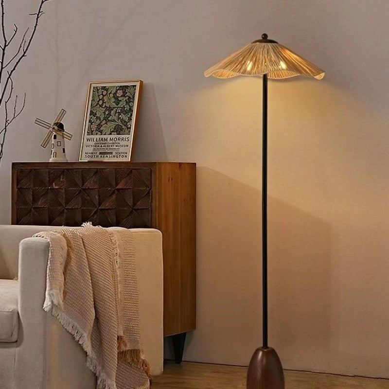 Traditional Vintage Umbrella Cylinder Iron Straw 2-Light Standing Floor Lamp For Living Room