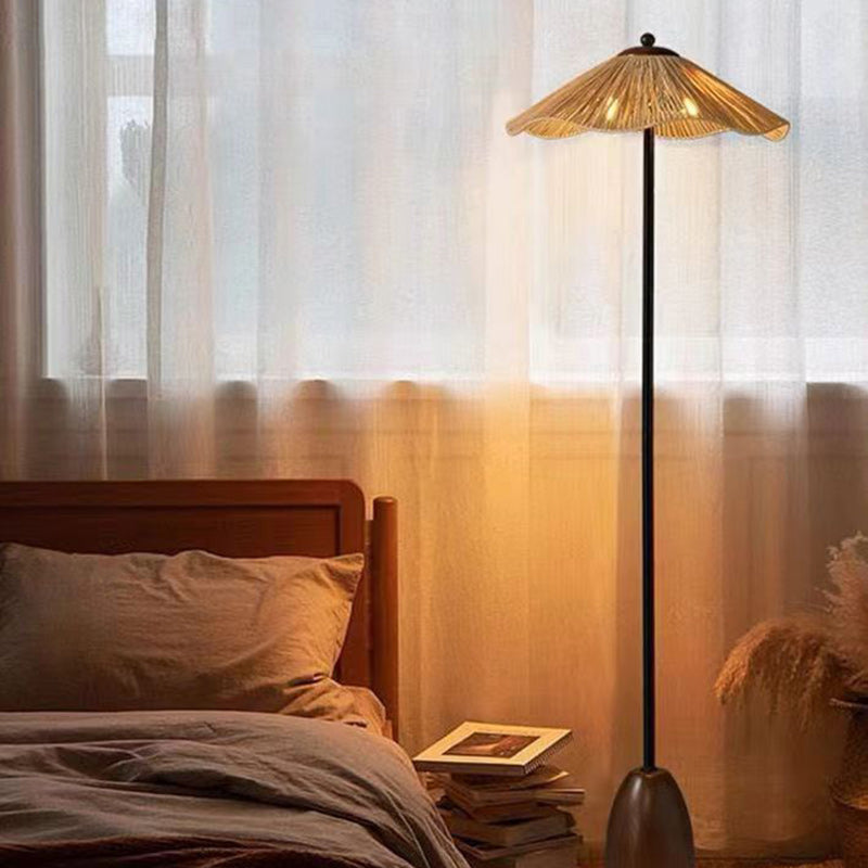 Traditional Vintage Umbrella Cylinder Iron Straw 2-Light Standing Floor Lamp For Living Room