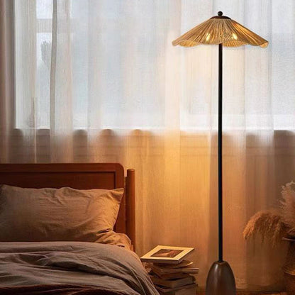 Traditional Vintage Umbrella Cylinder Iron Straw 2-Light Standing Floor Lamp For Living Room