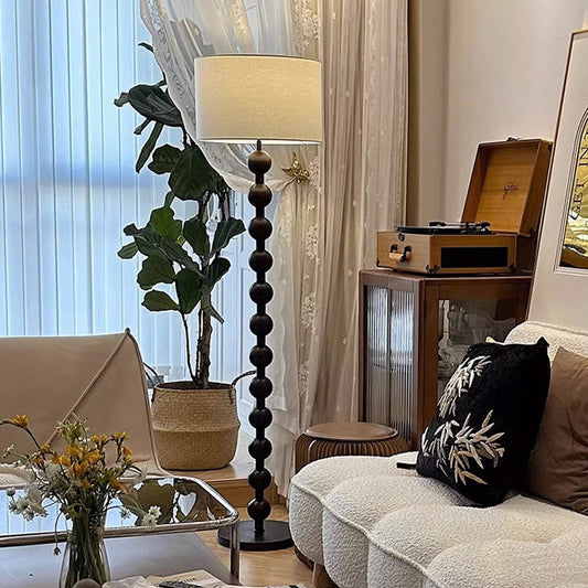 Traditional Vintage Cylinder Small Ball Iron Woodgrain Fabric 1-Light Standing Floor Lamp For Living Room