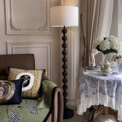 Traditional Vintage Cylinder Small Ball Iron Woodgrain Fabric 1-Light Standing Floor Lamp For Living Room