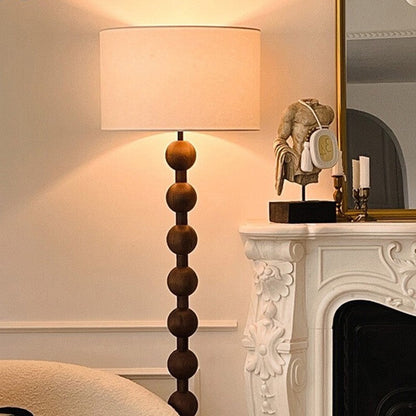 Traditional Vintage Cylinder Small Ball Iron Woodgrain Fabric 1-Light Standing Floor Lamp For Living Room