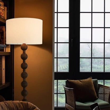 Traditional Vintage Cylinder Small Ball Iron Woodgrain Fabric 1-Light Standing Floor Lamp For Living Room