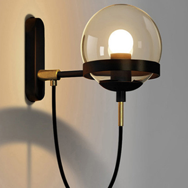 Traditional Vintage Round Ball Oval Base Iron Glass 1-Light Wall Sconce Lamp For Bedroom