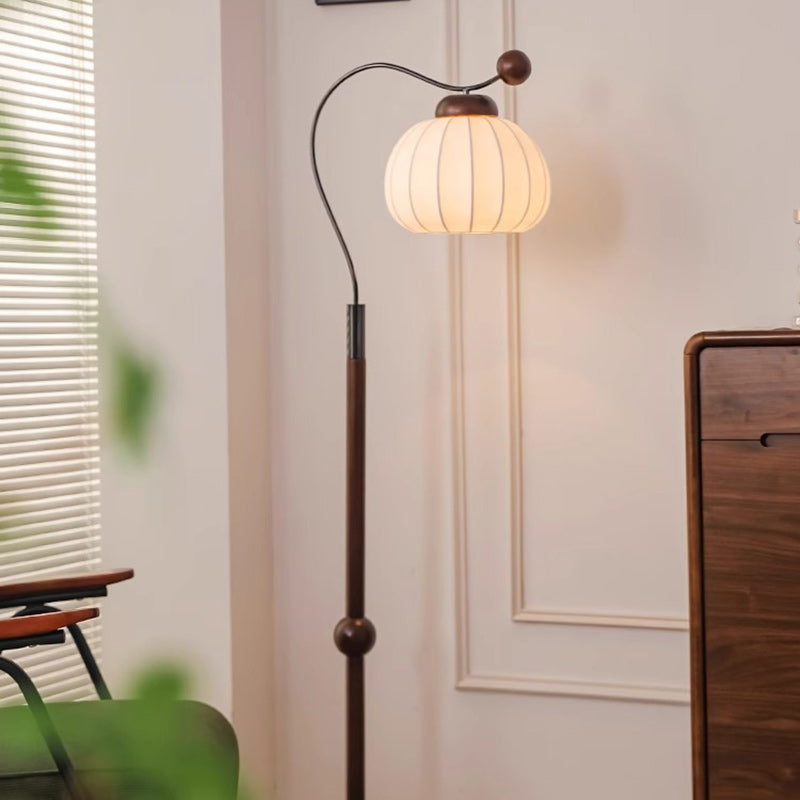 Traditional Vintage Pumpkin Cylinder Bent Sphere Disc Base Wood Aluminum Fabric 1-Light Standing Floor Lamp For Living Room