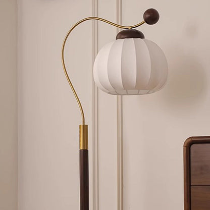 Traditional Vintage Pumpkin Cylinder Bent Sphere Disc Base Wood Aluminum Fabric 1-Light Standing Floor Lamp For Living Room