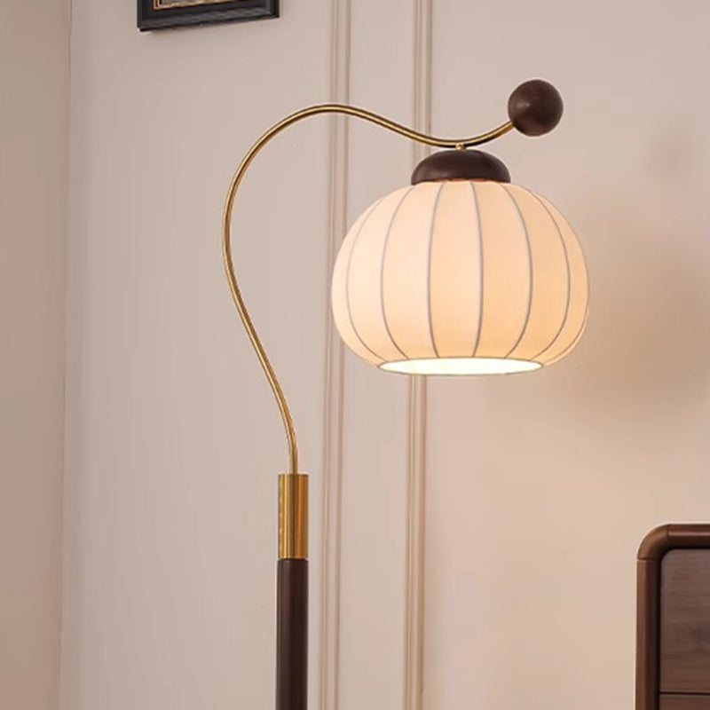 Traditional Vintage Pumpkin Cylinder Bent Sphere Disc Base Wood Aluminum Fabric 1-Light Standing Floor Lamp For Living Room