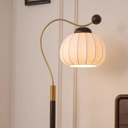 Traditional Vintage Pumpkin Cylinder Bent Sphere Disc Base Wood Aluminum Fabric 1-Light Standing Floor Lamp For Living Room