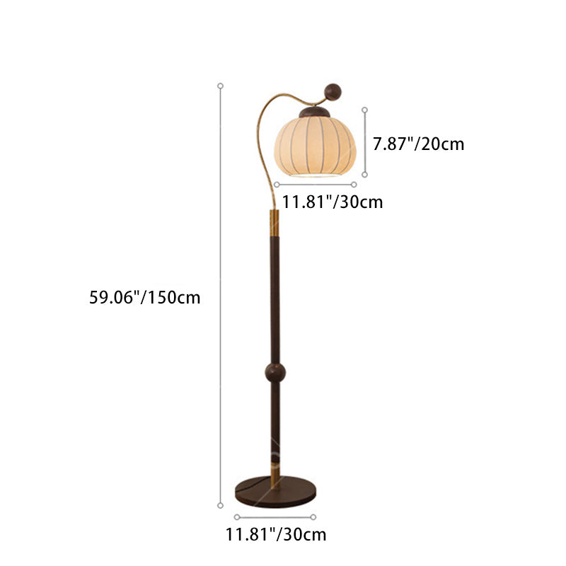 Traditional Vintage Pumpkin Cylinder Bent Sphere Disc Base Wood Aluminum Fabric 1-Light Standing Floor Lamp For Living Room