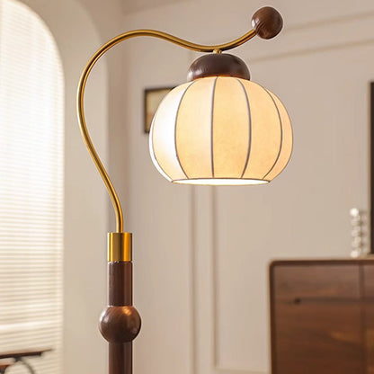 Traditional Vintage Pumpkin Cylinder Bent Sphere Disc Base Wood Aluminum Fabric 1-Light Standing Floor Lamp For Living Room