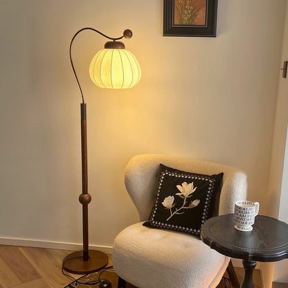 Traditional Vintage Pumpkin Cylinder Bent Sphere Disc Base Wood Aluminum Fabric 1-Light Standing Floor Lamp For Living Room
