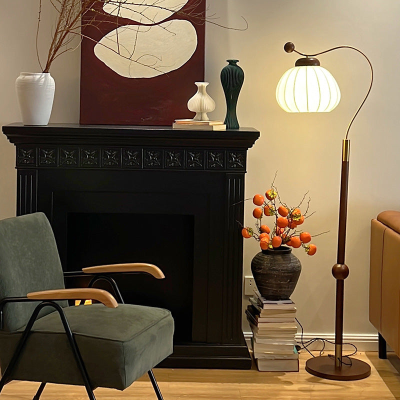 Traditional Vintage Pumpkin Cylinder Bent Sphere Disc Base Wood Aluminum Fabric 1-Light Standing Floor Lamp For Living Room
