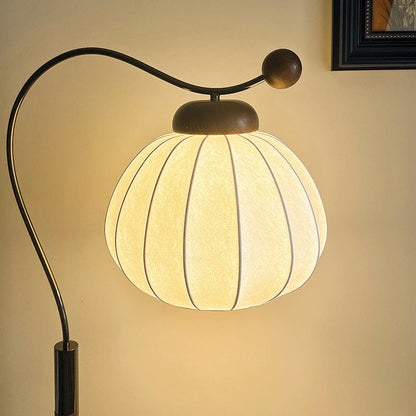 Traditional Vintage Pumpkin Cylinder Bent Sphere Disc Base Wood Aluminum Fabric 1-Light Standing Floor Lamp For Living Room