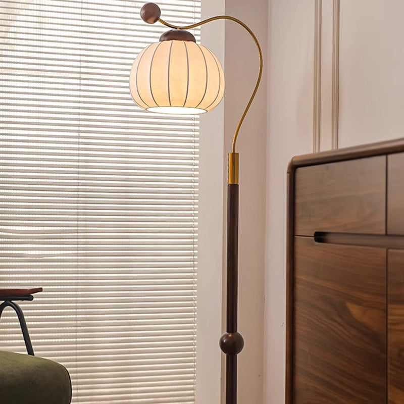 Traditional Vintage Pumpkin Cylinder Bent Sphere Disc Base Wood Aluminum Fabric 1-Light Standing Floor Lamp For Living Room