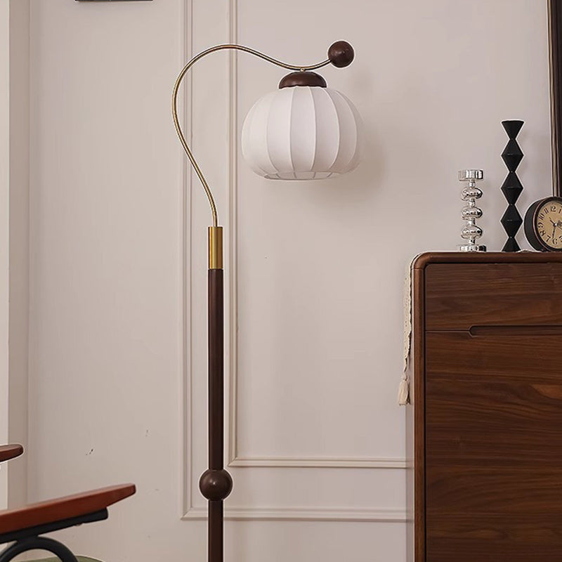 Traditional Vintage Pumpkin Cylinder Bent Sphere Disc Base Wood Aluminum Fabric 1-Light Standing Floor Lamp For Living Room