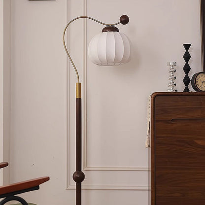 Traditional Vintage Pumpkin Cylinder Bent Sphere Disc Base Wood Aluminum Fabric 1-Light Standing Floor Lamp For Living Room