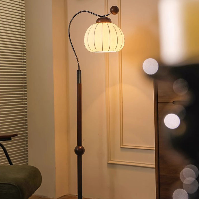 Traditional Vintage Pumpkin Cylinder Bent Sphere Disc Base Wood Aluminum Fabric 1-Light Standing Floor Lamp For Living Room