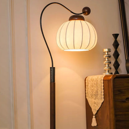Traditional Vintage Pumpkin Cylinder Bent Sphere Disc Base Wood Aluminum Fabric 1-Light Standing Floor Lamp For Living Room