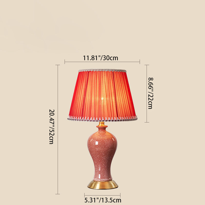 Traditional Chinese Oval Sphere Round Table Crystallized Glaze Ceramic Copper Fabric 1-Light Table Lamp For Bedroom
