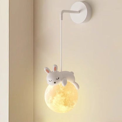 Modern Minimalist Cartoon Moon Cute Animal Bear Rabbit Dog Elephant Sheep Kids Resin Hardware PE 1-Light Wall Sconce Lamp For Bedroom