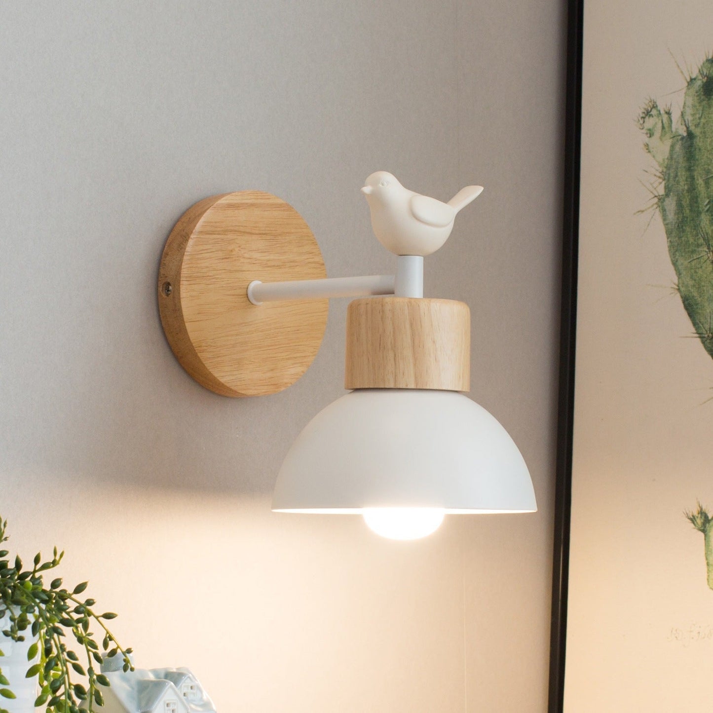 Modern Minimalist Half Round Cylinder Bird Disc Base Iron Solid Wood Resin 1-Light Wall Sconce Lamp For Bedroom