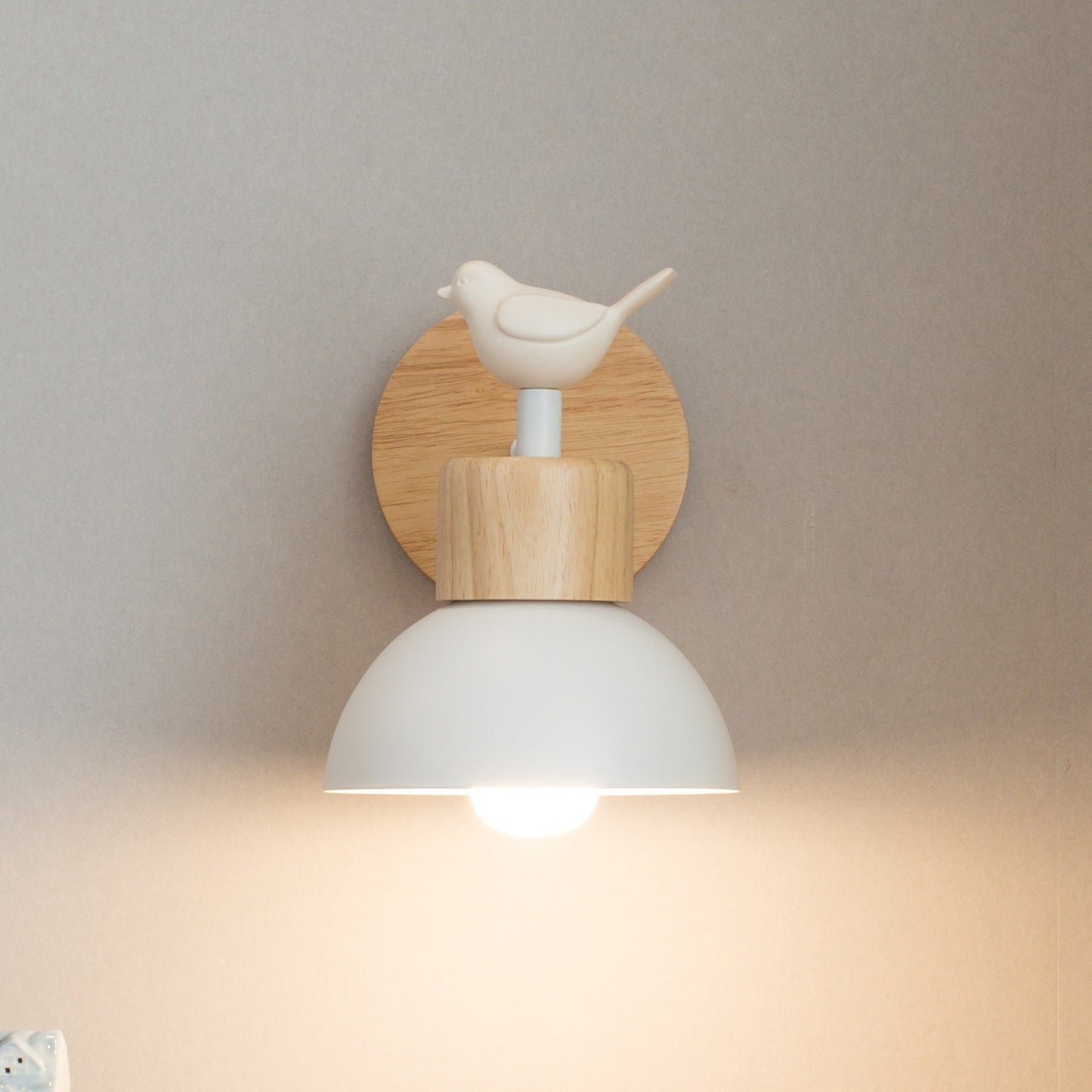 Modern Minimalist Half Round Cylinder Bird Disc Base Iron Solid Wood Resin 1-Light Wall Sconce Lamp For Bedroom