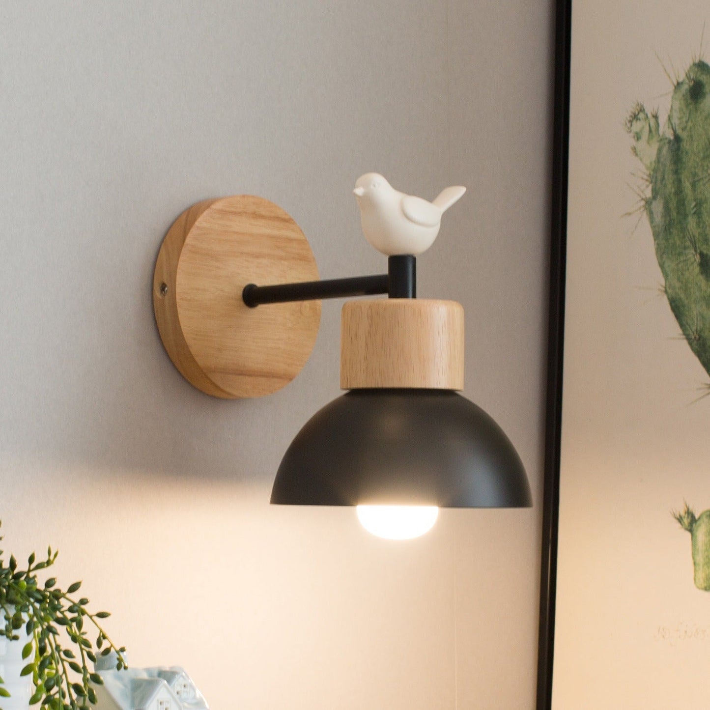 Modern Minimalist Half Round Cylinder Bird Disc Base Iron Solid Wood Resin 1-Light Wall Sconce Lamp For Bedroom