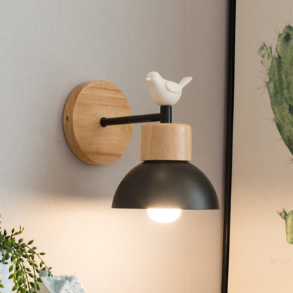Modern Minimalist Half Round Cylinder Bird Disc Base Iron Solid Wood Resin 1-Light Wall Sconce Lamp For Bedroom