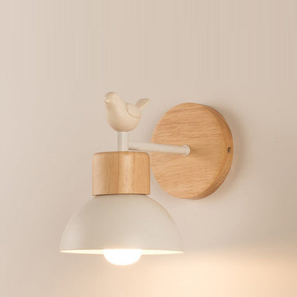 Modern Minimalist Half Round Cylinder Bird Disc Base Iron Solid Wood Resin 1-Light Wall Sconce Lamp For Bedroom