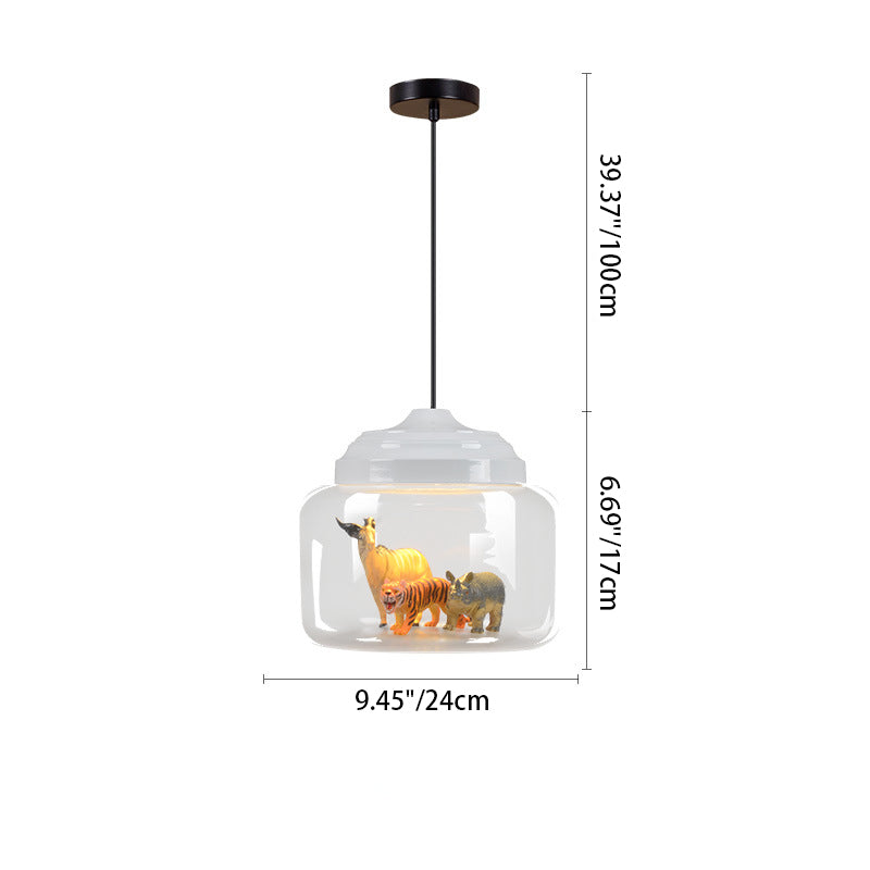 Contemporary Creative Cartoon Animals Kids Cylinder Iron Glass LED Pendant Light For Living Room