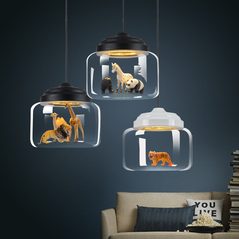 Contemporary Creative Cartoon Animals Kids Cylinder Iron Glass LED Pendant Light For Living Room