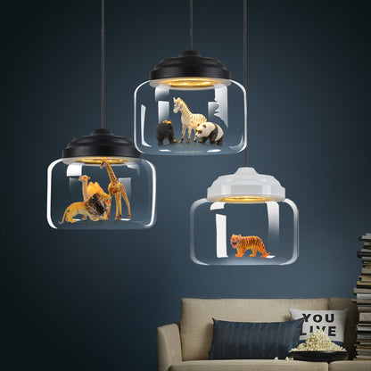 Contemporary Creative Cartoon Animals Kids Cylinder Iron Glass LED Pendant Light For Living Room