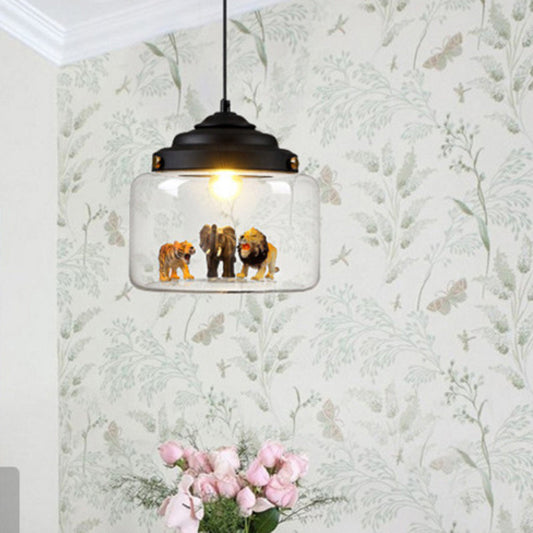 Contemporary Creative Cartoon Animals Kids Cylinder Iron Glass LED Pendant Light For Living Room