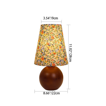 Traditional Vintage Round Table Sphere Cylinder Base Floral Trim Solid Wood Fabric LED Table Lamp For Bedroom