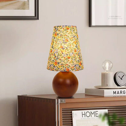 Traditional Vintage Round Table Sphere Cylinder Base Floral Trim Solid Wood Fabric LED Table Lamp For Bedroom