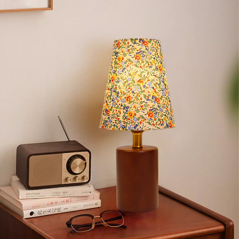 Traditional Vintage Round Table Sphere Cylinder Base Floral Trim Solid Wood Fabric LED Table Lamp For Bedroom