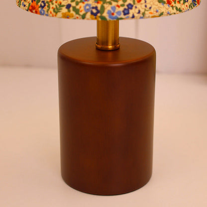 Traditional Vintage Round Table Sphere Cylinder Base Floral Trim Solid Wood Fabric LED Table Lamp For Bedroom